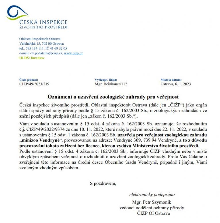Uzavření minizoo Vendryně